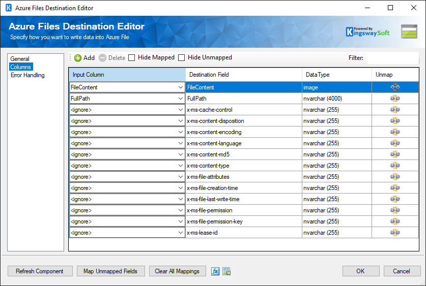 Azure Files Destination Component - Columns Page